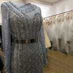 Vestidos de noche musulmanes de lujo en azul marino, elegantes vestidos de sirena con fajas de cuentas para mujer, para fiesta LA71429 