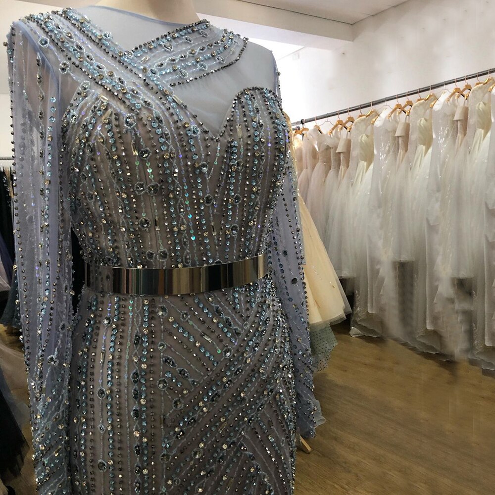 Vestidos de noche musulmanes de lujo en azul marino, elegantes vestidos de sirena con fajas de cuentas para mujer, para fiesta LA71429 