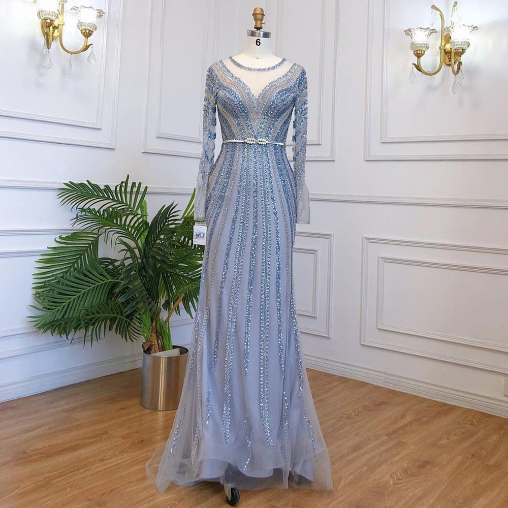 Muslimischen Blau Luxus Abendkleider Kleider 2025 Meerjungfrau Elegante Perlen Für Frauen Party LA71374A 