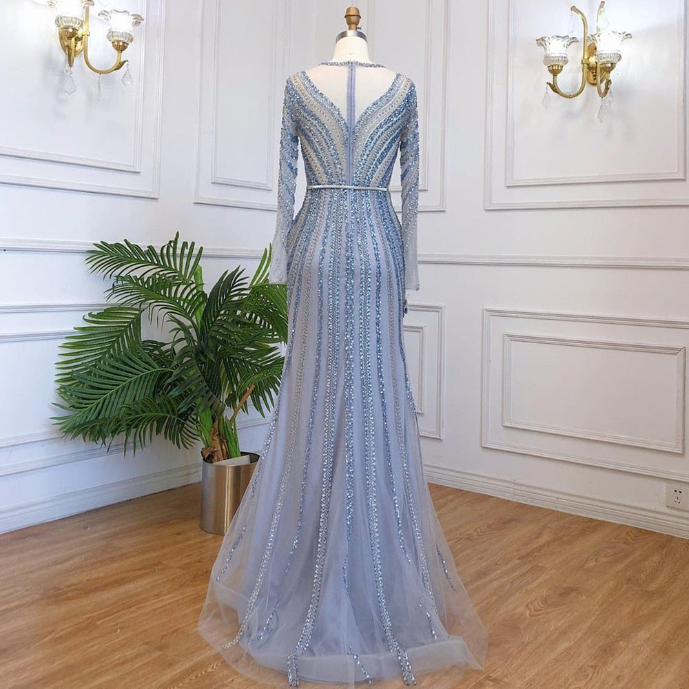 Muslimischen Blau Luxus Abendkleider Kleider 2025 Meerjungfrau Elegante Perlen Für Frauen Party LA71374A 