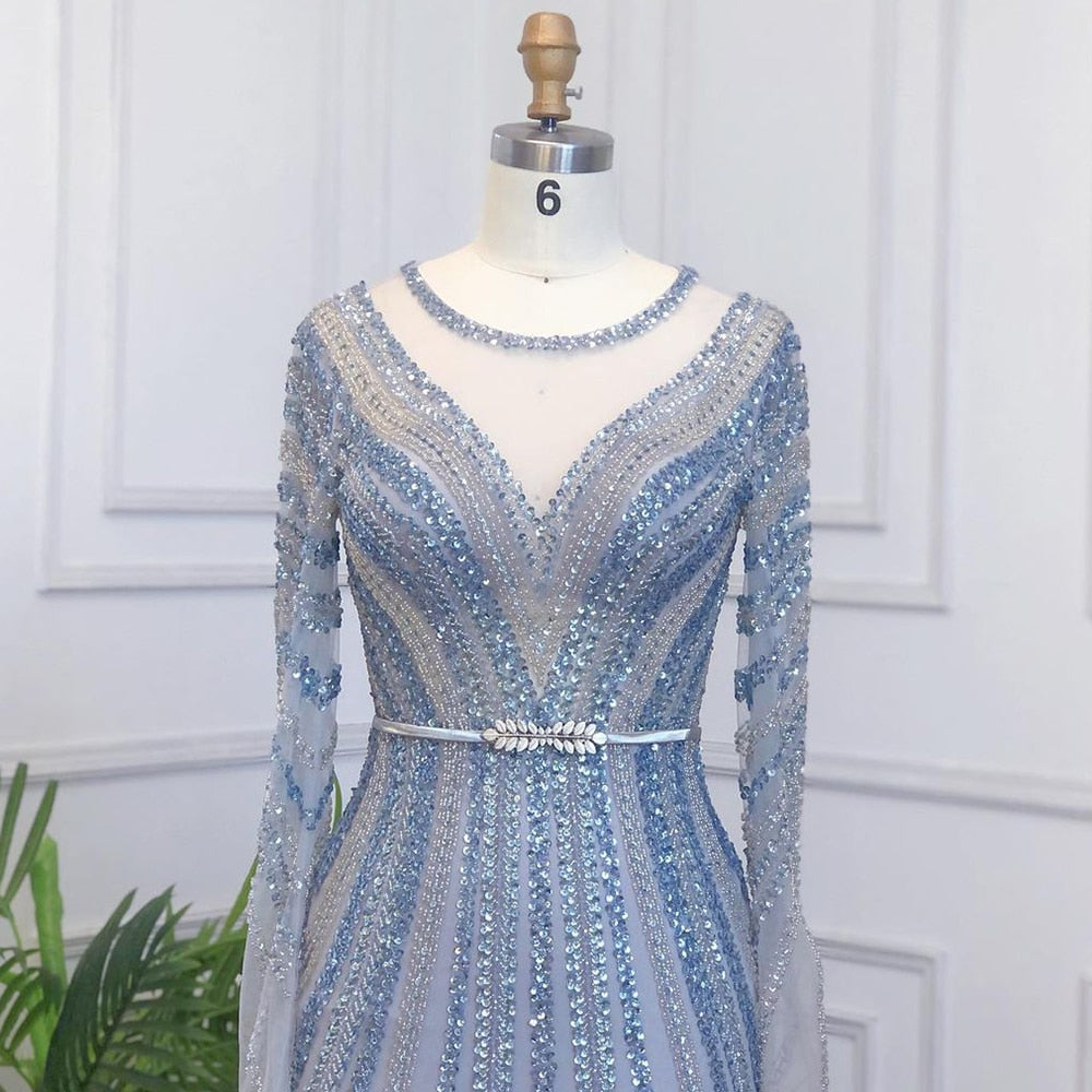 Muslimischen Blau Luxus Abendkleider Kleider 2025 Meerjungfrau Elegante Perlen Für Frauen Party LA71374A 