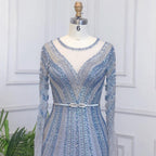 Muslimischen Blau Luxus Abendkleider Kleider 2025 Meerjungfrau Elegante Perlen Für Frauen Party LA71374A 