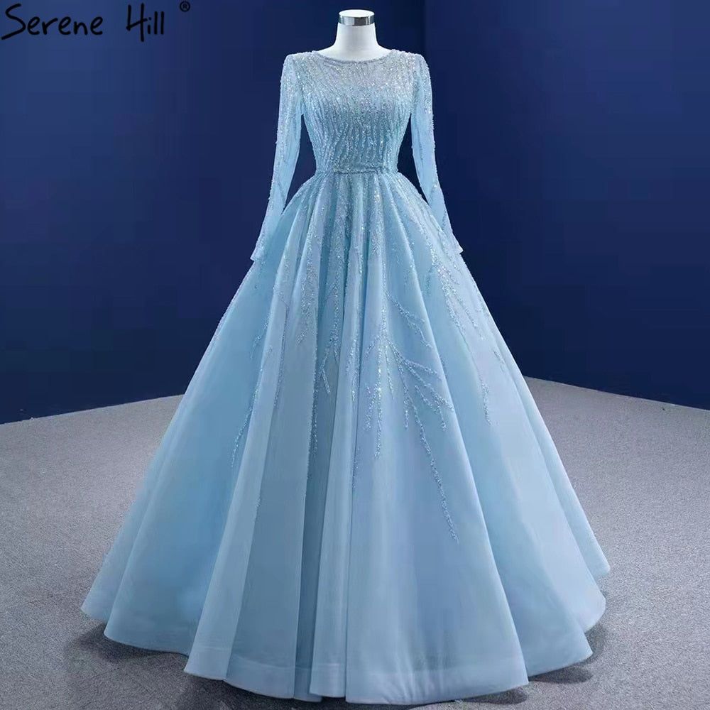 Muslimischen Blau Luxus Hochzeit Kleider 2025 Perlen Lace Up High-end-Braut Kleid HM67395 Nach Maß 