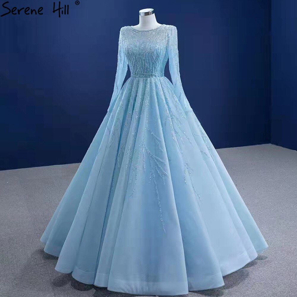 Muslimischen Blau Luxus Hochzeit Kleider 2025 Perlen Lace Up High-end-Braut Kleid HM67395 Nach Maß 