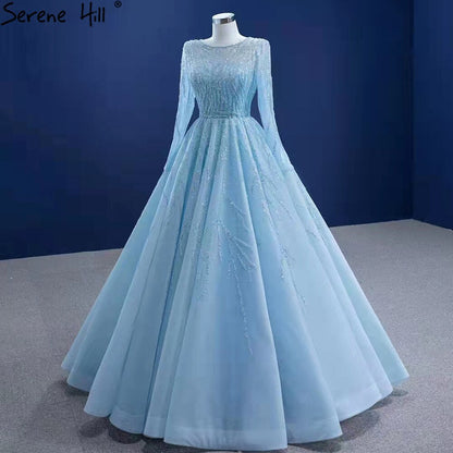 Muslim Blue Luxury Wedding Dresses 2025 Beaded Lace Up High-end Bridal Dress HM67395 Custom Made