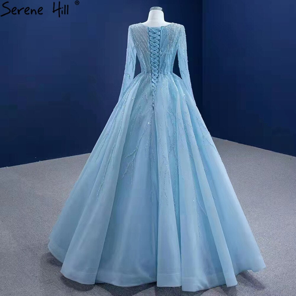 Muslimischen Blau Luxus Hochzeit Kleider 2025 Perlen Lace Up High-end-Braut Kleid HM67395 Nach Maß 