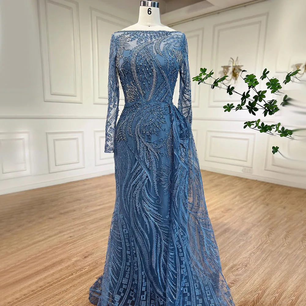 Luxus Dubai Blau Meerjungfrau Muslimischen Abendkleid Überrock Langarm LA71829