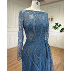 Luxus Dubai Blau Meerjungfrau Muslimischen Abendkleid Überrock Langarm LA71829