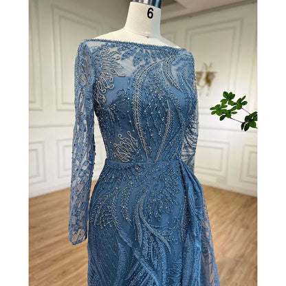 Luxus Dubai Blau Meerjungfrau Muslimischen Abendkleid Überrock Langarm LA71829