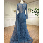 Luxus Dubai Blau Meerjungfrau Muslimischen Abendkleid Überrock Langarm LA71829