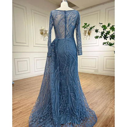 Luxus Dubai Blau Meerjungfrau Muslimischen Abendkleid Überrock Langarm LA71829