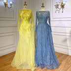 Luxus Dubai Blau Meerjungfrau Muslimischen Abendkleid Überrock Langarm LA71829