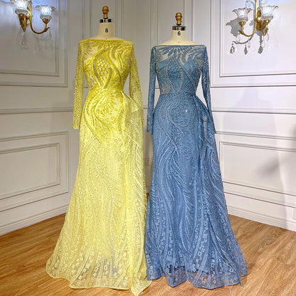 Luxus Dubai Blau Meerjungfrau Muslimischen Abendkleid Überrock Langarm LA71829