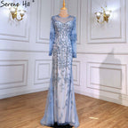 Vestidos de noche musulmanes de sirena azul, elegantes y lujosos con cuentas, para mujer, para fiesta, LA71479 