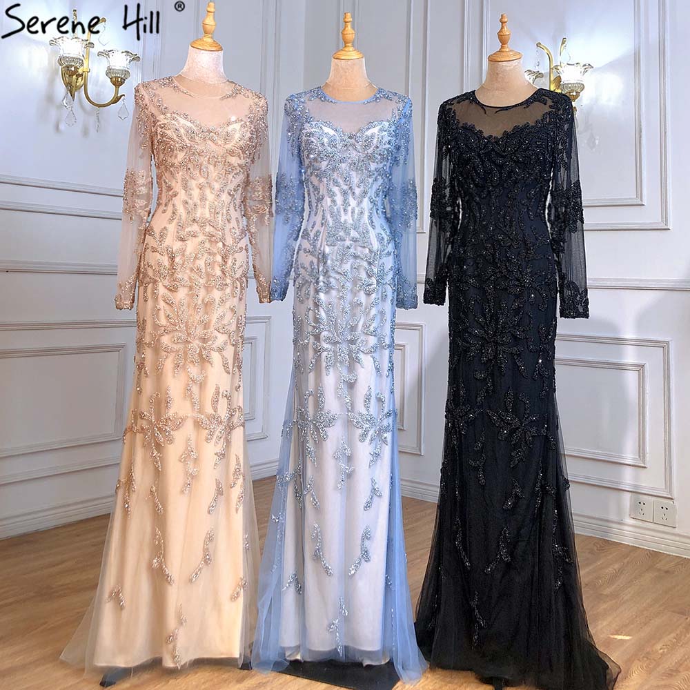 Vestidos de noche musulmanes de sirena azul, elegantes y lujosos con cuentas, para mujer, para fiesta, LA71479 