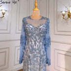 Vestidos de noche musulmanes de sirena azul, elegantes y lujosos con cuentas, para mujer, para fiesta, LA71479 