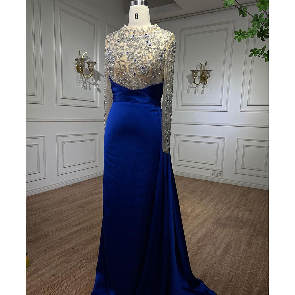 Muslimischen Blau Meerjungfrau Luxus Perlen Arabisch Elegante Lange Abendkleider Kleider Für Frauen Hochzeit Party 2025 LA72107 