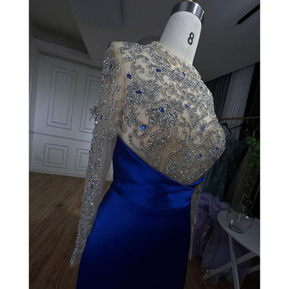 Muslim Blue Mermaid Luxury Beaded Arabic Elegant Long Evening Dresses Gowns For Women Wedding Party 2025 LA72107