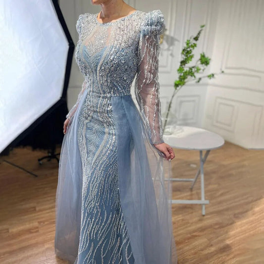 Muslim Blue Mermaid Over Skirt Evening Dresses Beads Puff Shoulder  Formal Gowns 2025 For Women Party LA72030