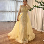 Vestido de noche musulmán azul sirena con falda abullonada y cuentas, vestido formal 2025 para mujer, fiesta LA72030 