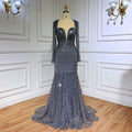 Vestido de noche musulmán de lujo con lentejuelas brillantes y cuentas, estilo sirena azul, para mujer, ideal para bodas y fiestas 2025 LA71486 