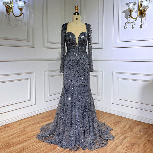 Muslim Blue Mermaid Sparkle Sequin Beaded Luxury Evening Dresses Gowns For Women Wedding Party 2025 LA71486