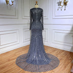 Vestido de noche musulmán de lujo con lentejuelas brillantes y cuentas, estilo sirena azul, para mujer, ideal para bodas y fiestas 2025 LA71486 
