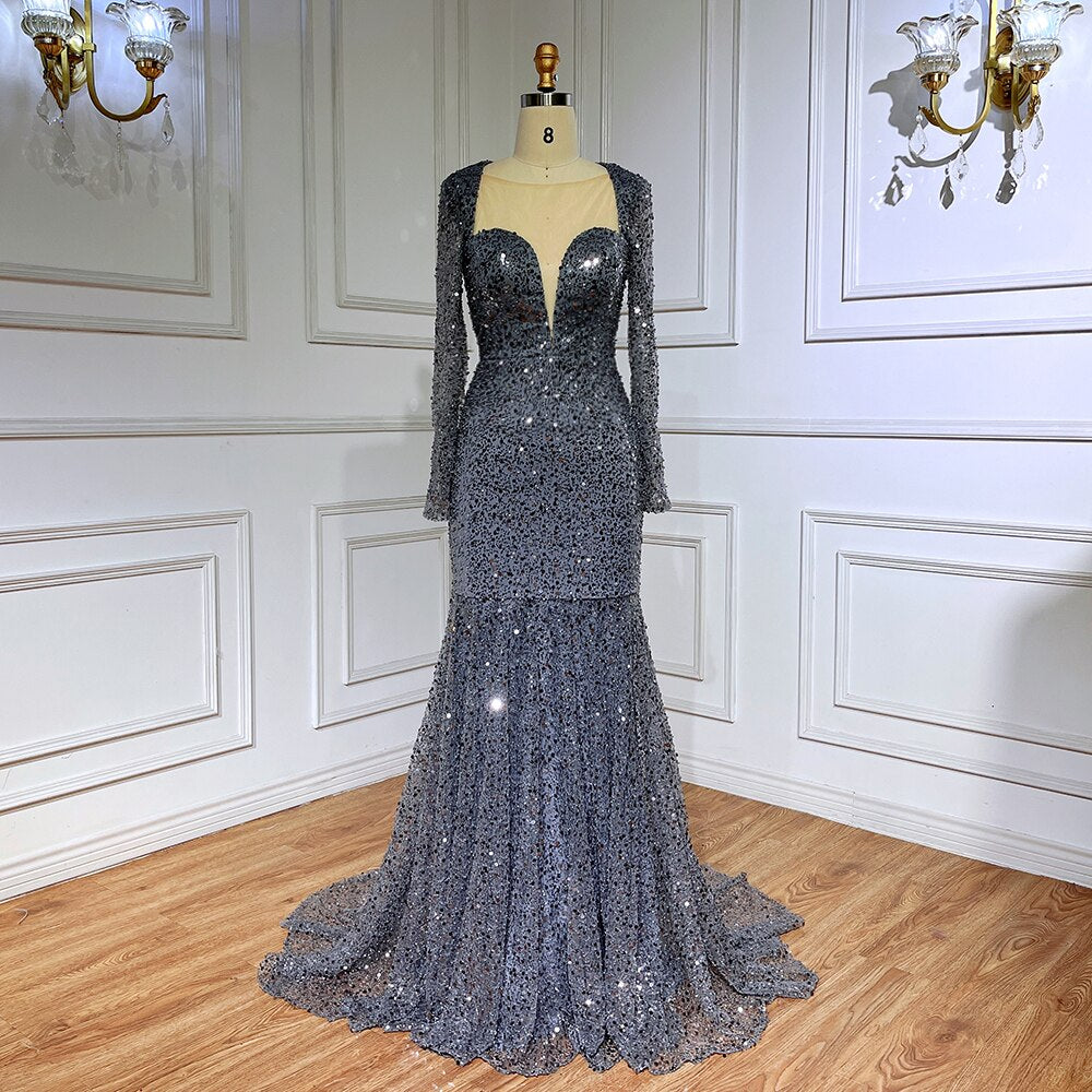 Vestido de noche musulmán de lujo con lentejuelas brillantes y cuentas, estilo sirena azul, para mujer, ideal para bodas y fiestas 2025 LA71486 