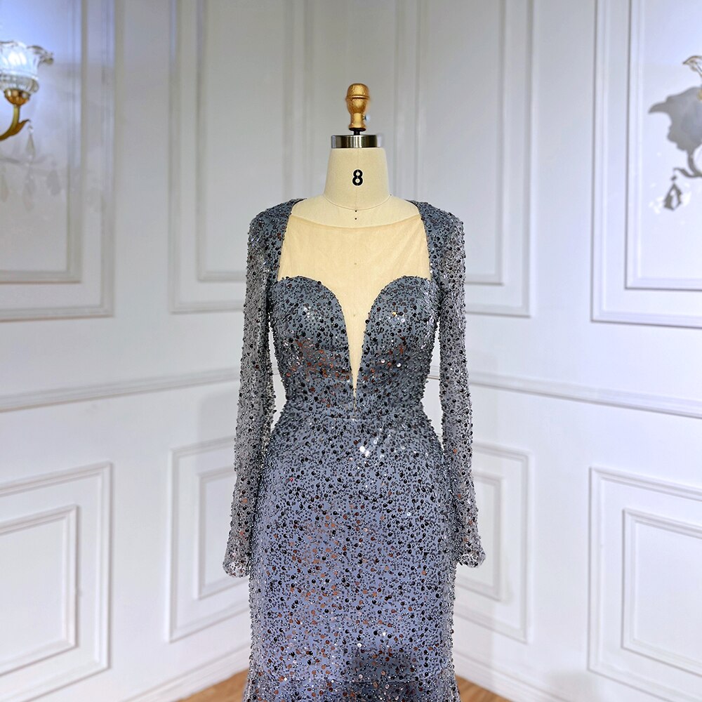 Vestido de noche musulmán de lujo con lentejuelas brillantes y cuentas, estilo sirena azul, para mujer, ideal para bodas y fiestas 2025 LA71486 