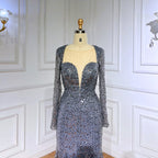 Vestido de noche musulmán de lujo con lentejuelas brillantes y cuentas, estilo sirena azul, para mujer, ideal para bodas y fiestas 2025 LA71486 