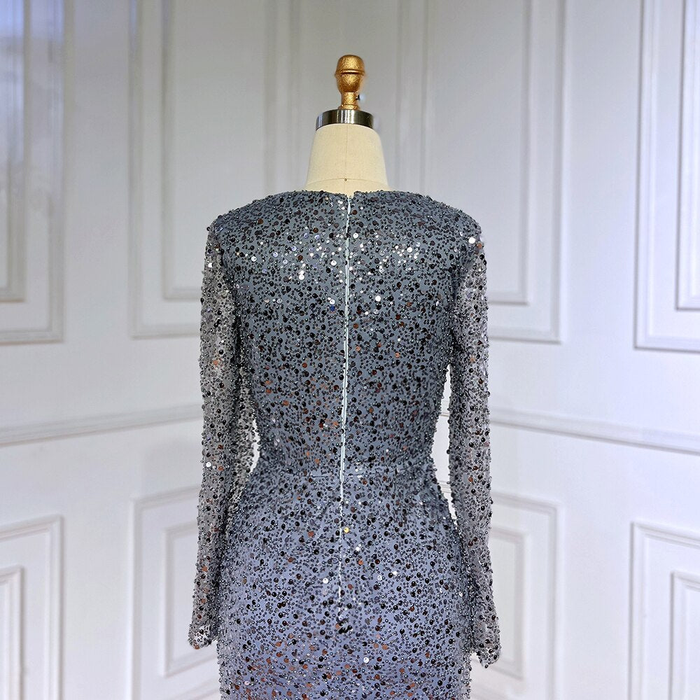 Vestido de noche musulmán de lujo con lentejuelas brillantes y cuentas, estilo sirena azul, para mujer, ideal para bodas y fiestas 2025 LA71486 