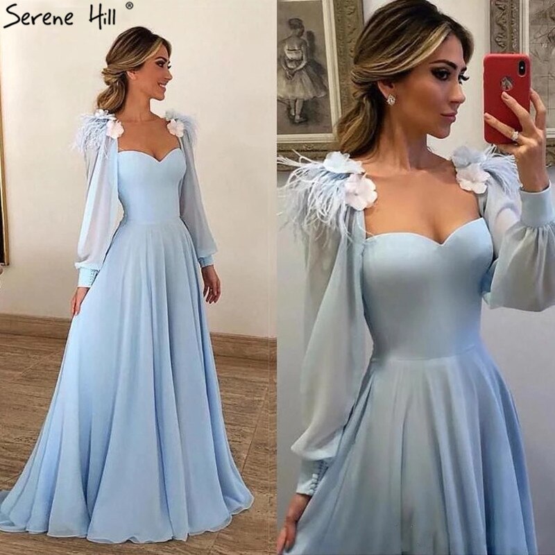 Muslimischen Blau Einfache Abendkleider Kleider 2025 Chiffon Straußenfedern A-linie Für Frauen Party HA2217 