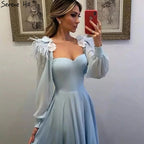 Muslimischen Blau Einfache Abendkleider Kleider 2025 Chiffon Straußenfedern A-linie Für Frauen Party HA2217 