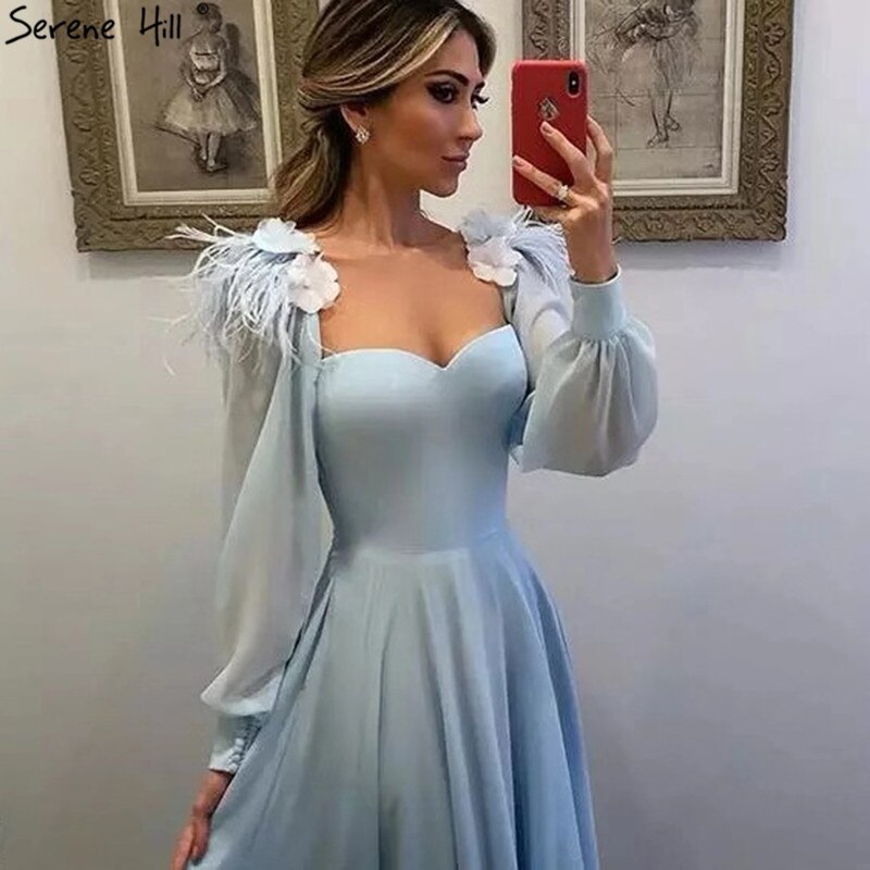 Muslimischen Blau Einfache Abendkleider Kleider 2025 Chiffon Straußenfedern A-linie Für Frauen Party HA2217 