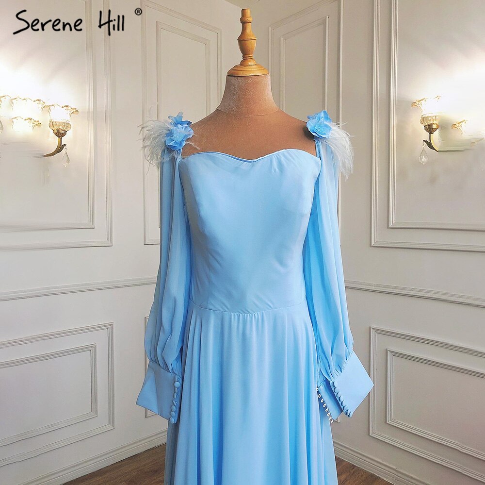 Muslimischen Blau Einfache Abendkleider Kleider 2025 Chiffon Straußenfedern A-linie Für Frauen Party HA2217 