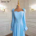 Muslimischen Blau Einfache Abendkleider Kleider 2025 Chiffon Straußenfedern A-linie Für Frauen Party HA2217 