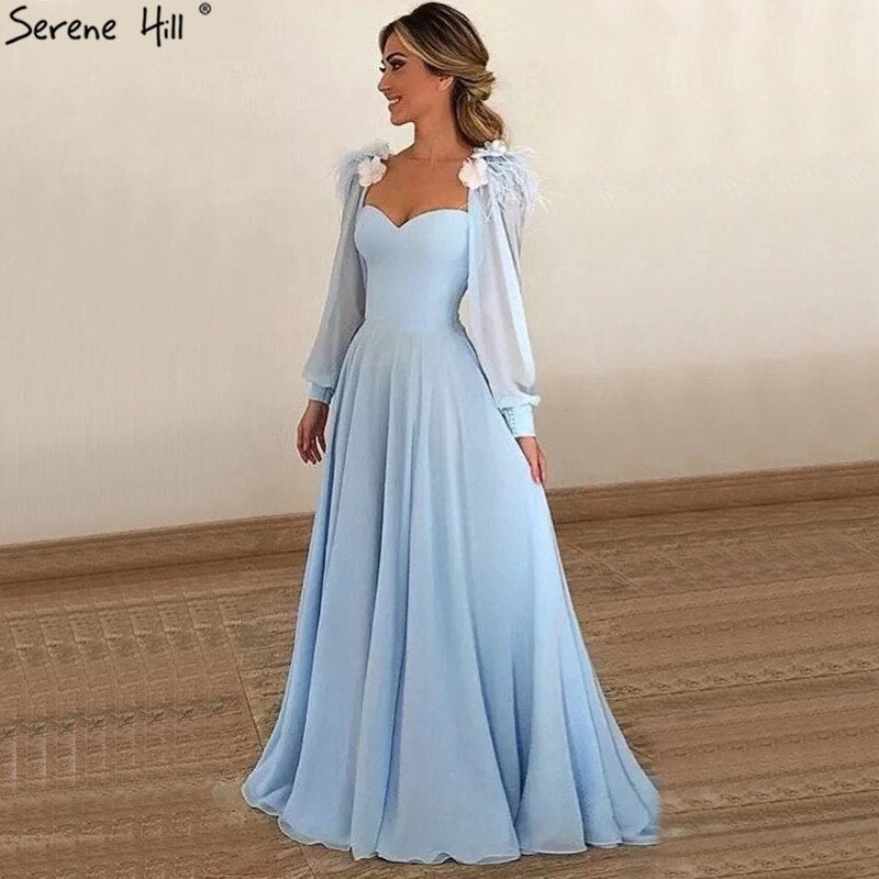 Muslimischen Blau Einfache Abendkleider Kleider 2025 Chiffon Straußenfedern A-linie Für Frauen Party HA2217 