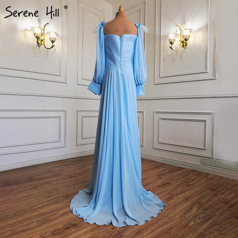 Muslimischen Blau Einfache Abendkleider Kleider 2025 Chiffon Straußenfedern A-linie Für Frauen Party HA2217 