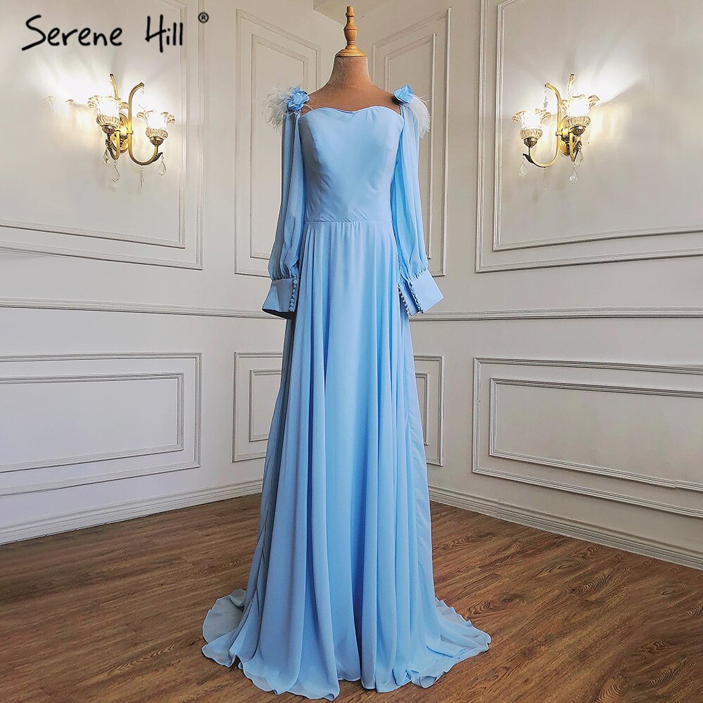 Muslimischen Blau Einfache Abendkleider Kleider 2025 Chiffon Straußenfedern A-linie Für Frauen Party HA2217 