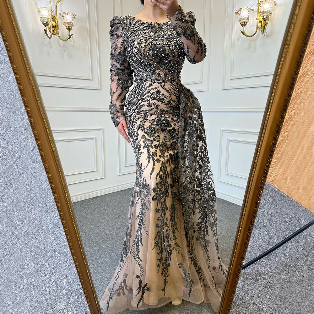 Muslimischen Braun Luxus Abendkleider Kleider 2025 Perlen Meerjungfrau Überrock Elegante Für Frauen Party LA71610