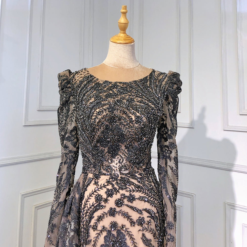 Muslimischen Braun Luxus Abendkleider Kleider 2025 Perlen Meerjungfrau Überrock Elegante Für Frauen Party LA71610