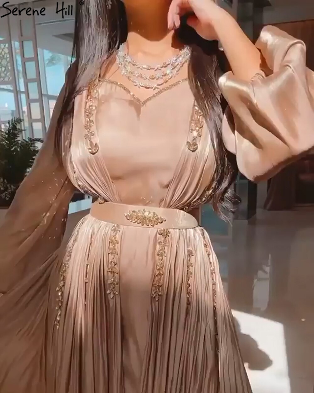 Muslimischen Kaftan Kaftan Moka A-linie Abendkleid 2025 Laterne Ärmeln Perlen Sexy Für Frauen Party LA71054 