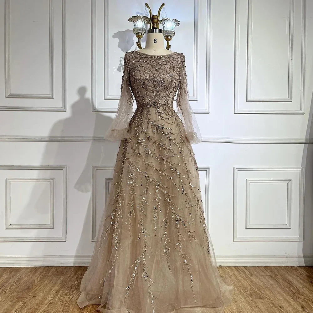 Muslim Caramel A Line Beaded Luxury Dubai Long Evening Dresses Gowns For Women Wedding Party 2025 LA71653A