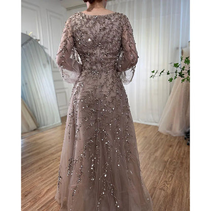 Muslim Caramel A Line Beaded Luxury Dubai Long Evening Dresses Gowns For Women Wedding Party 2025 LA71653A