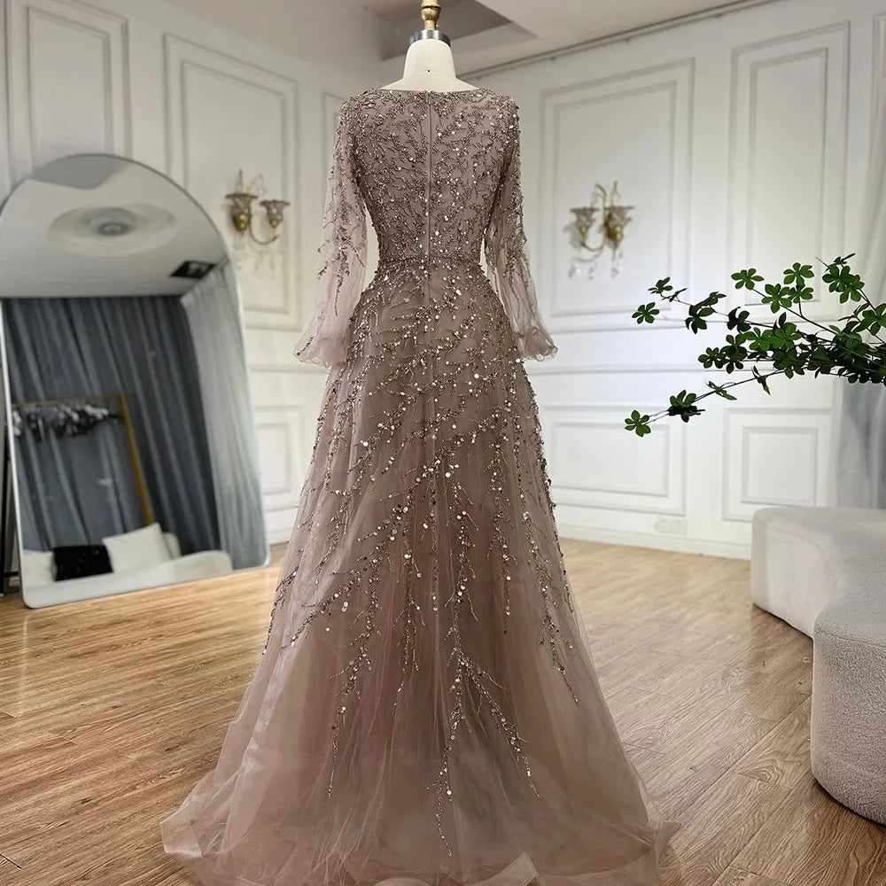 Muslim Caramel A Line Beaded Luxury Dubai Long Evening Dresses Gowns For Women Wedding Party 2025 LA71653A