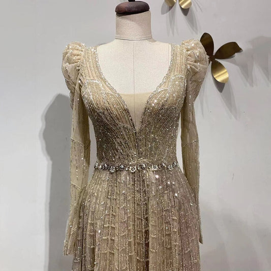 Muslim Caramel  A Line V-Neck Beaded Luxury Dubai Long Evening Dresses Gowns 2025 For Women Wedding Party LA71940