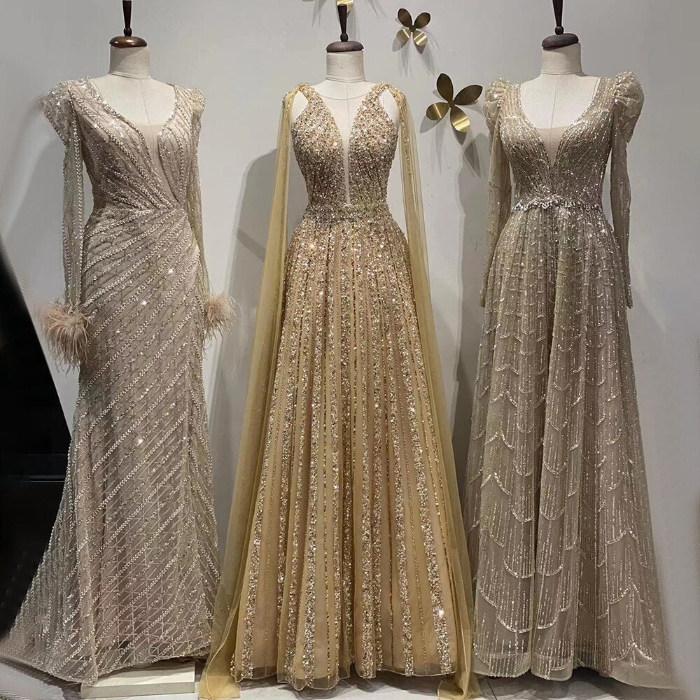 Muslim Caramel  A Line V-Neck Beaded Luxury Dubai Long Evening Dresses Gowns 2025 For Women Wedding Party LA71940