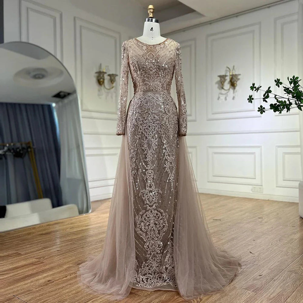 On Sale no return no refund Muslim Caramel Mermaid Evening Dresses Gowns 2025 Overskirt Luxury Beaded Elegant For Woman Party LA71558