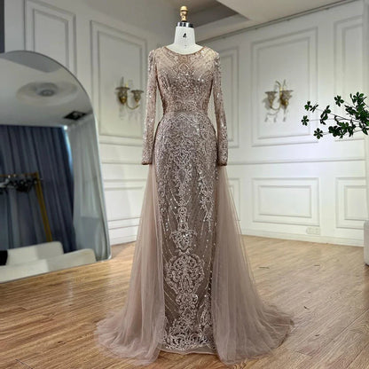 On Sale no return no refund Muslim Caramel Mermaid Evening Dresses Gowns 2025 Overskirt Luxury Beaded Elegant For Woman Party LA71558