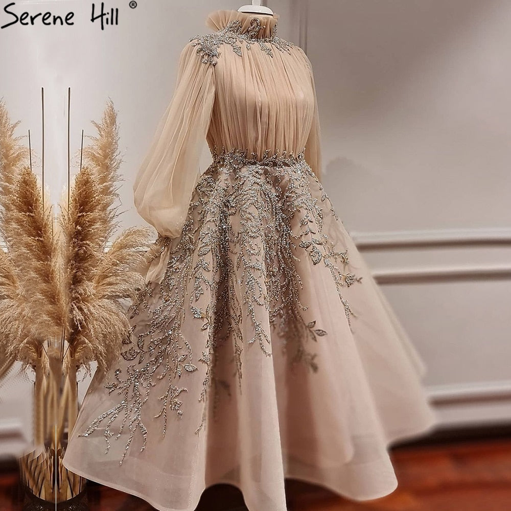 Vestidos de noche musulmanes de lujo color champán, 2025, mangas farol, corte A, para mujer, fiesta, LA71035 